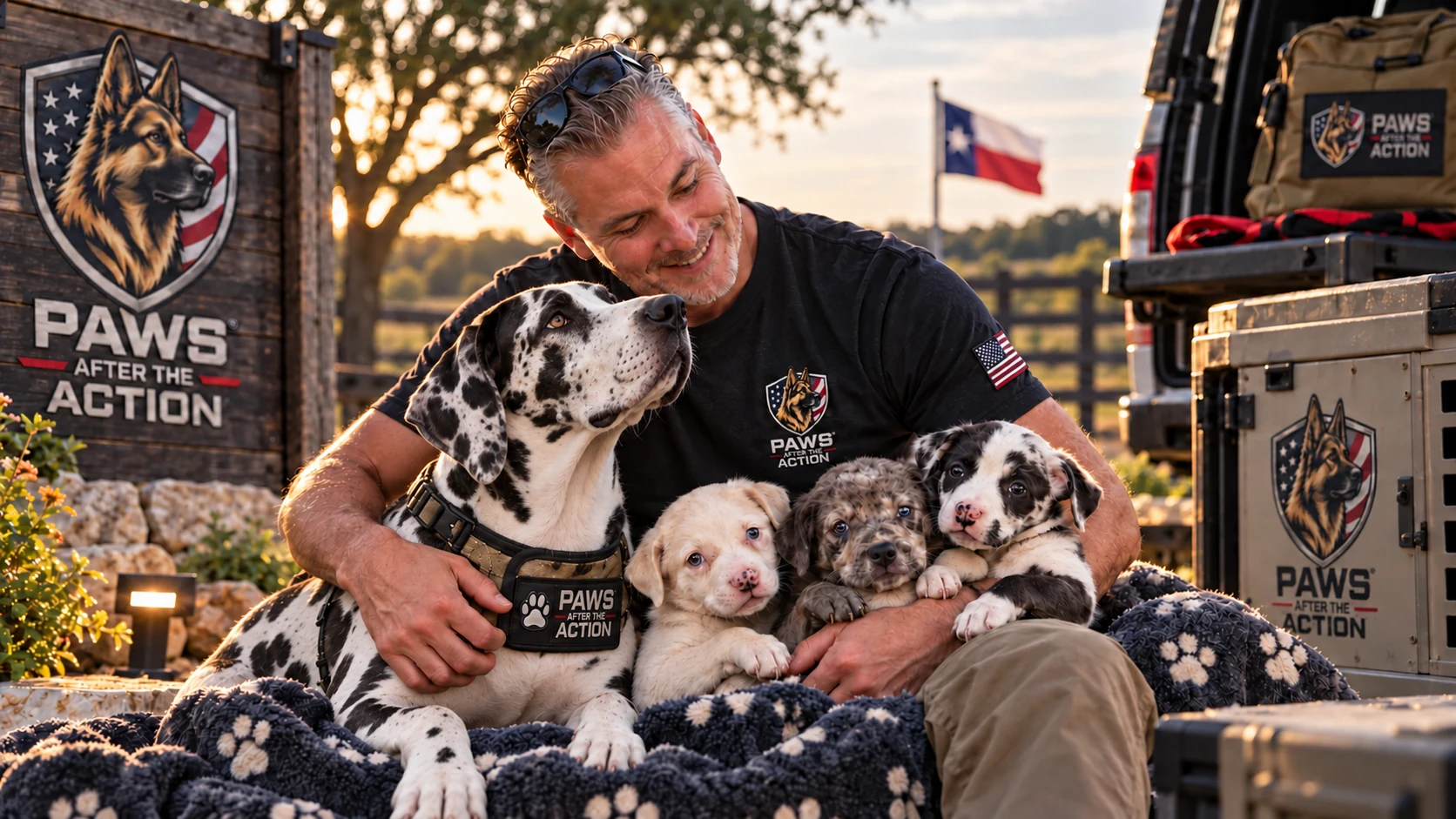 Promotional illustration of Scott caring for dogs and puppies