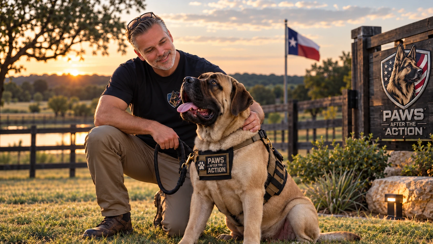 Promotional illustration of Scott sharing a quiet moment with a mastiff
