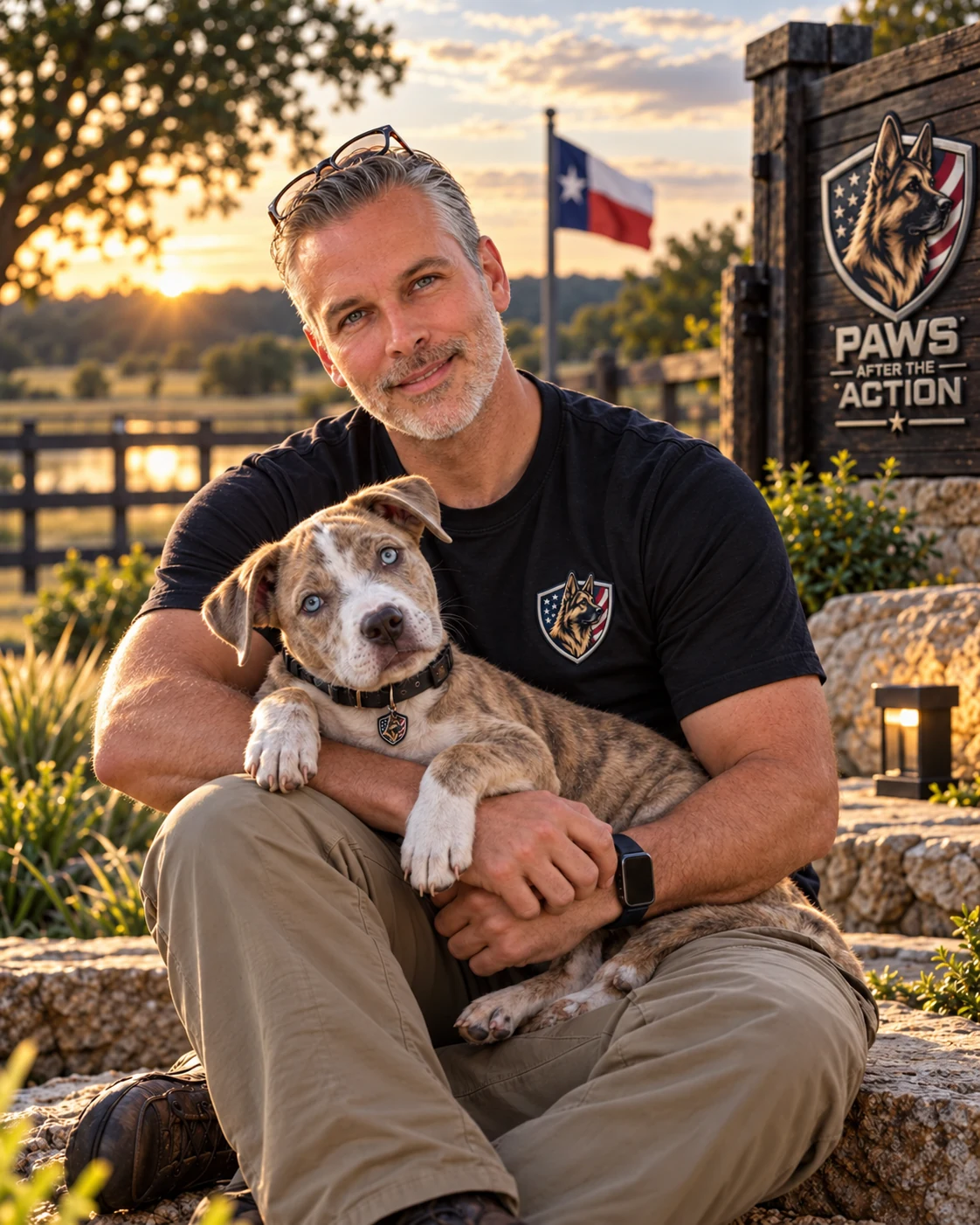 Promotional portrait of Scott caring for a puppy